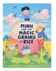 Book cover of 'Minh and the Magic Grains of Rice' with cartoon characters and a colorful background.