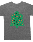 Grey tee screen printed with a green Christmas tree with red ornaments, black happy face and MERRY MERRY adorning the tree.