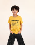 A child modeling a yellow tee with black graphic of word Tempura and two smiling tempura shrimp.