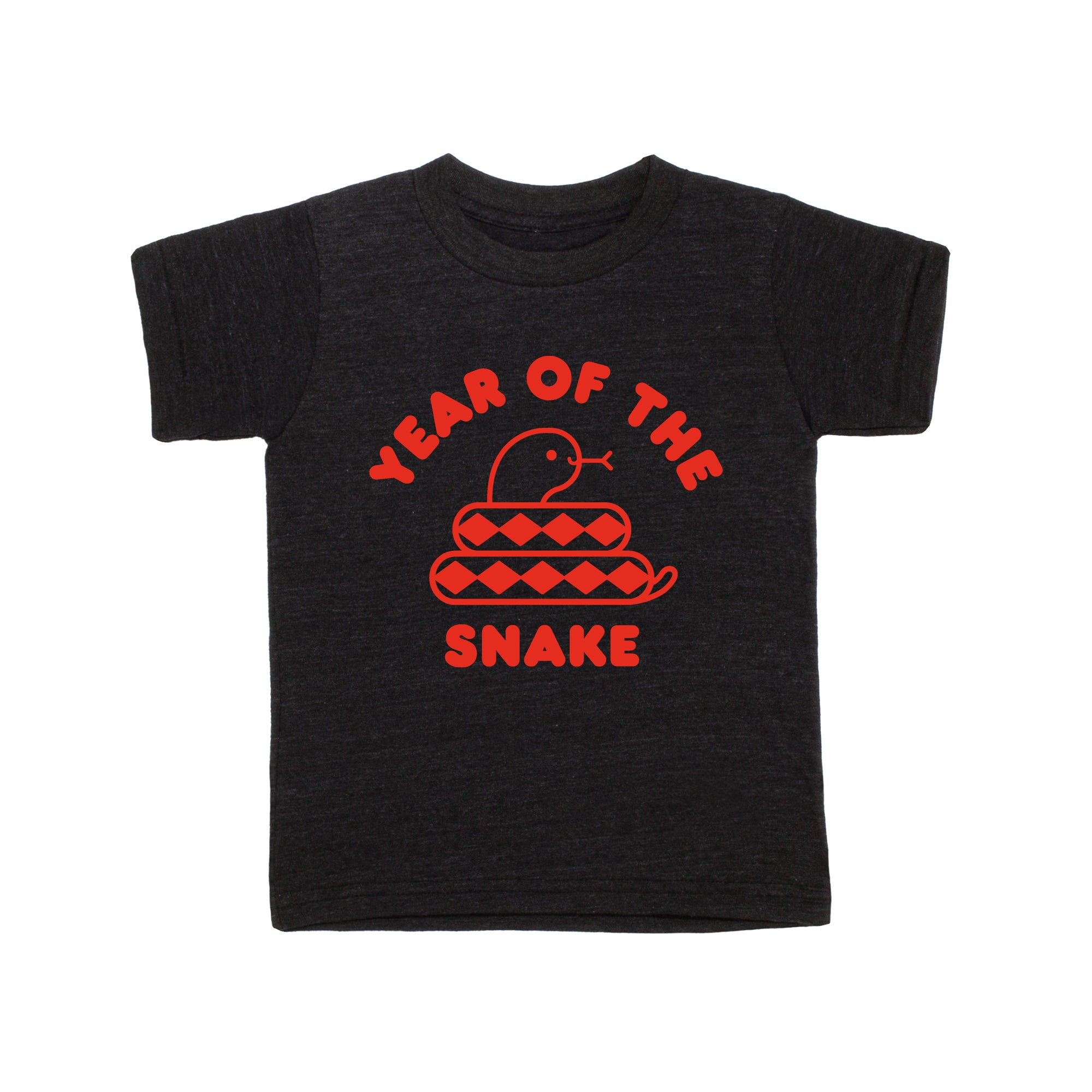 Black tee with screen print in red ink of coiled red snake and text YEAR OF THE SNAKE.