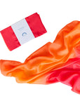 Red satin fabric with a visible brand label on a white background