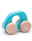 blue teal wooden toy car with big wheels