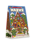 Festive chocolate package featuring a colorful, cartoon gingerbread house design with snow, trees, candy, and a playful snowman. Vibrant and whimsical.