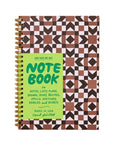 Notebook with geometric pattern and green label on a beige background