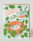 Greeting card with a bird, nest, and baby illustration on a white background