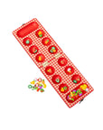 Red checkered toy set with colorful pieces on a light gray background