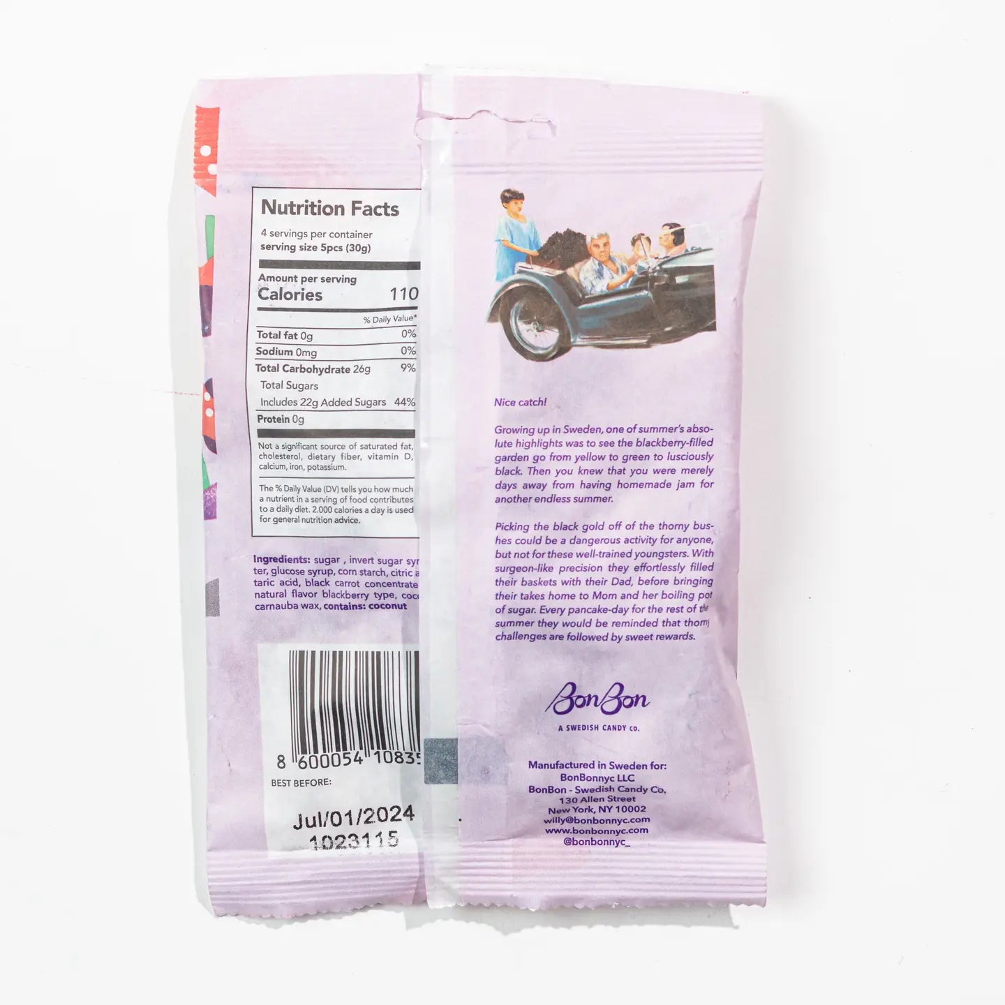 Back of sour blackberry fish bag with nutrition label and a company history blurb.