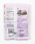 Back of sour blackberry fish bag with nutrition label and a company history blurb.