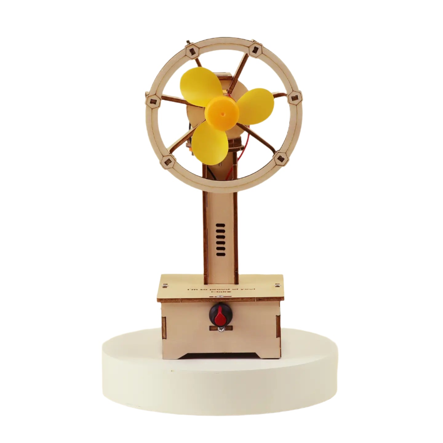 Wooden electric  miniature windmill shaped fan on a white background