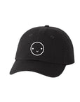 Black baseball hat with white embroidered smiley face.