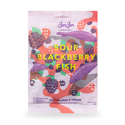 A purple bag of candy with Sour Blackberry Fish written in yellow with purple fish and blackberries.