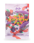 A purple bag of candy with Sour Blackberry Fish written in yellow with purple fish and blackberries.