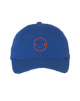 Blue baseball hat with red embroidered smiley face.