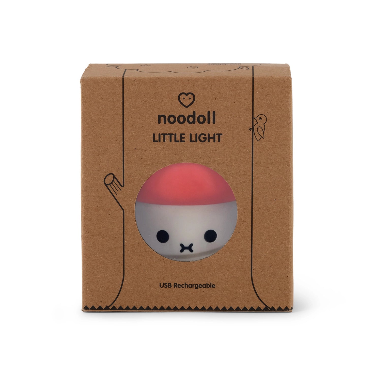 Noodle Little Light USB Rechargeable written on Box with mushroom night light face seen through plastic screen in box.