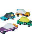 Four colorful toy cars on a green and blue gradient background