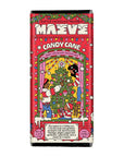 Red candy wrapper with festive illustrations of people decorating a Christmas tree. Text reads "Candy Cane Dark Chocolate Truffle Bar" by Seattle Chocolate.