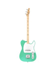 Green electric guitar with a white pickguard on a white background