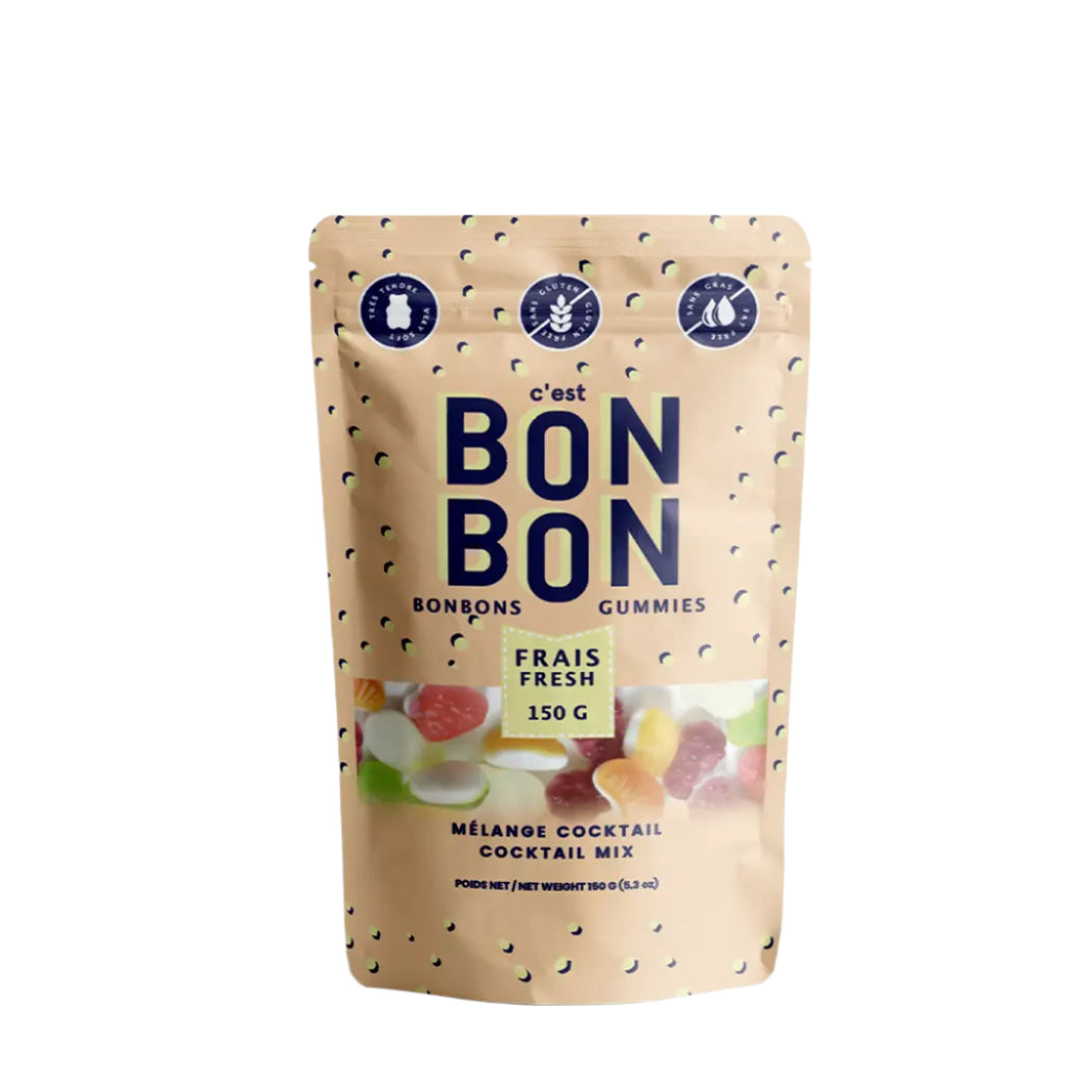 Yellow bag of colorful gummy candy with Cest Bon Bon Fresh 150 gramCocktail Mix written on the front.