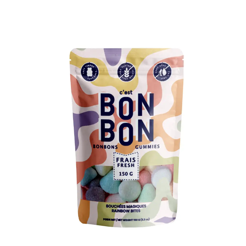 Rainbow bag of colorful gummy candy with Cest Bon Bon Fresh 150 gram Rainbow Bites written on the front.
