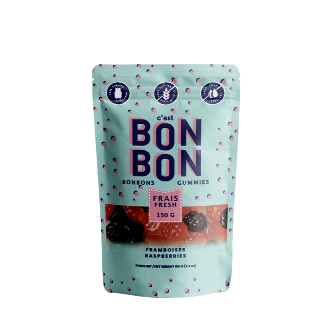 Teal bag of colorful gummy candy with Cest Bon Bon Fresh 150 gram Raspberries written on the front.