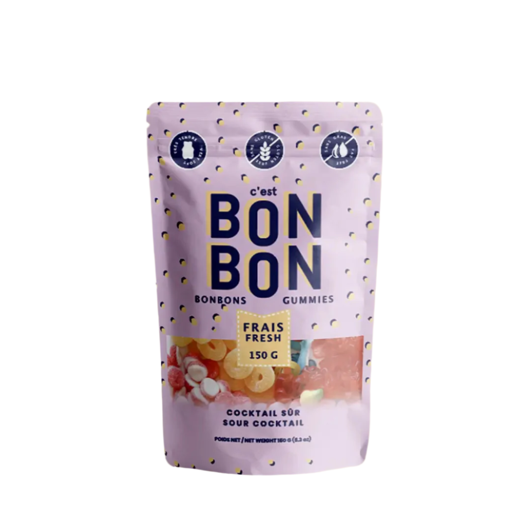 Purple bag of colorful gummy candy with Cest Bon Bon Fresh 150 gram Sour Cocktail written on the front.
