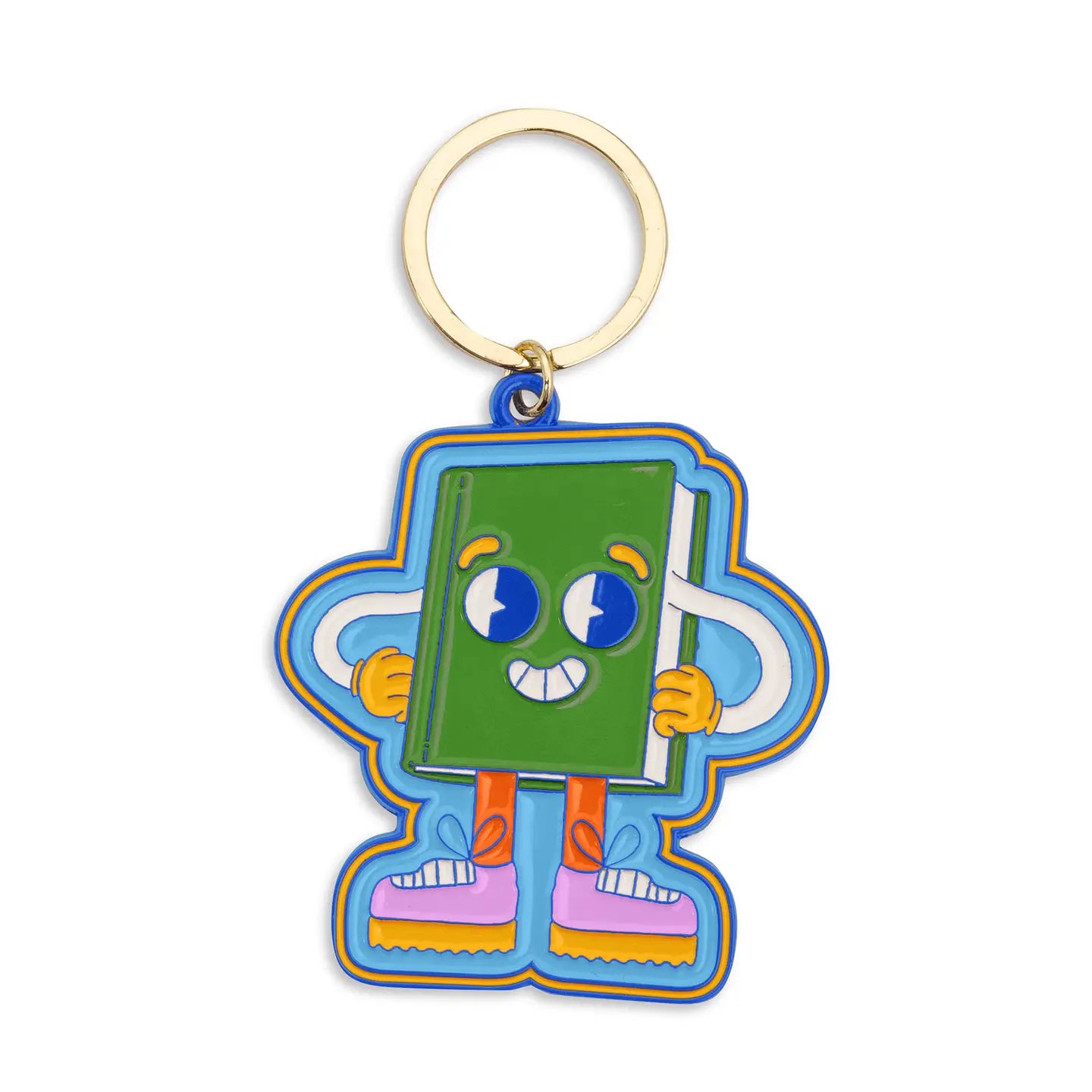Colorful keychain of a green cartoon character book with its hands on its hip and a toothy smile