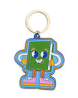 Colorful keychain of a green cartoon character book with its hands on its hip and a toothy smile
