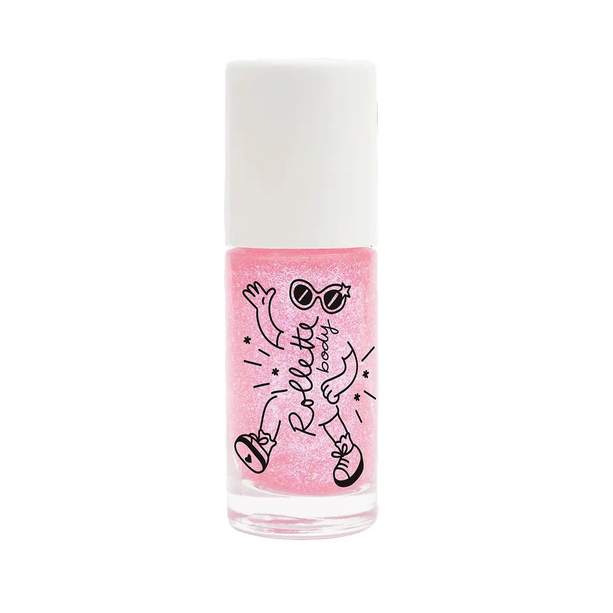 A roll-on body glitter bottle with a white cap, featuring an illustration of a character on the glass part of the bottle. Pink roll-on body glitter.