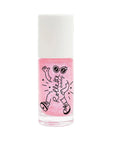 A roll-on body glitter bottle with a white cap, featuring an illustration of a character on the glass part of the bottle. Pink roll-on body glitter.