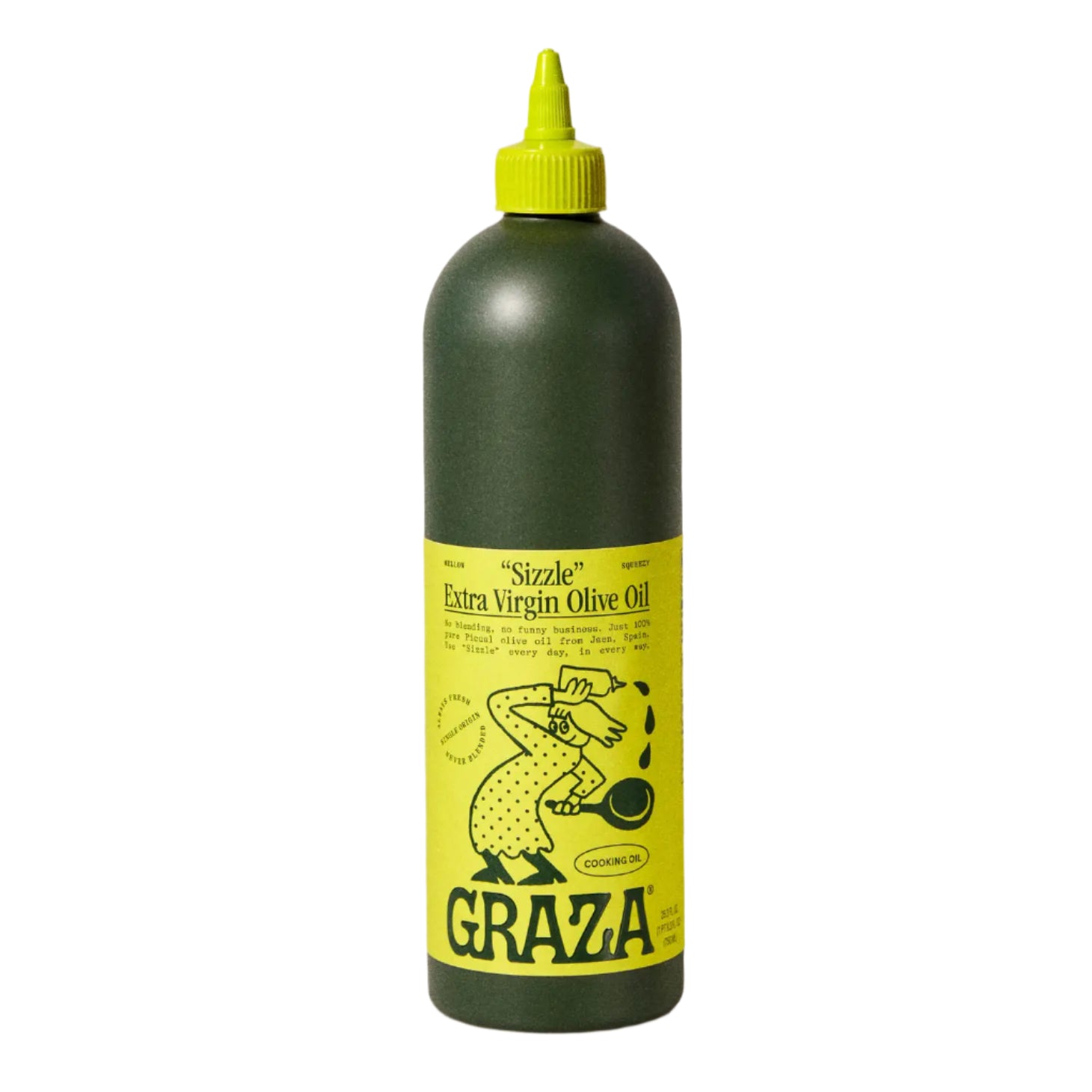 Dark green bottle of Graza "Sizzle" Extra Virgin Olive Oil with bright yellow label, featuring a cartoon cook drizzling oil into a pan, conveying culinary delight.