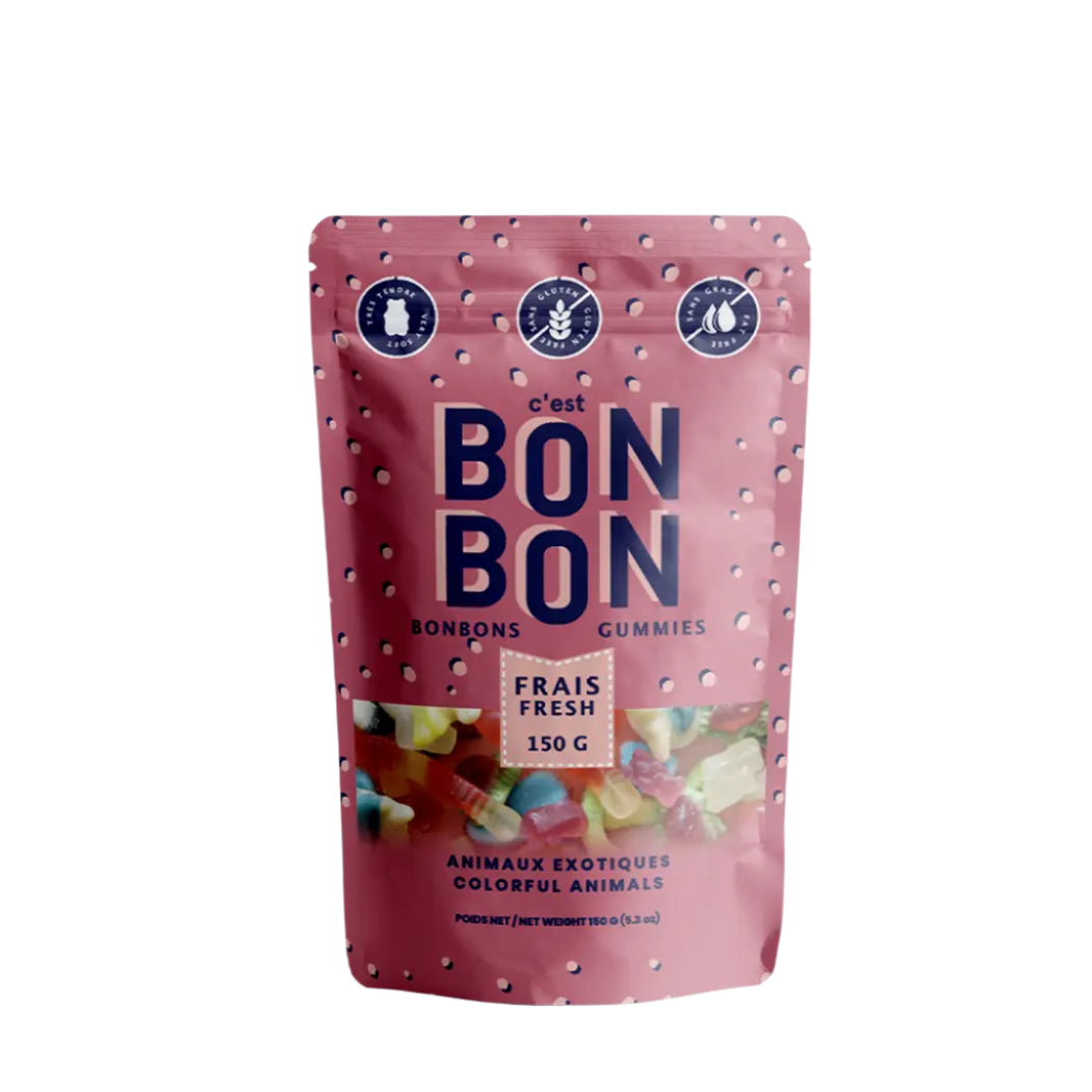 Pink bag of colorful gummy candy with Cest Bon Bon Fresh 150 gram Colorful Animals written on the front.