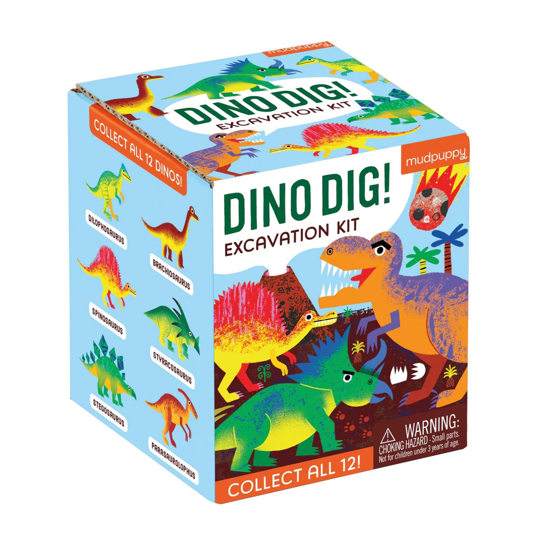 Colorful box with different types of dinosaurs drawn on it and the title Dino Dig! Excavation Kit.