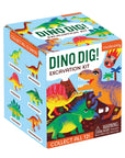 Colorful box with different types of dinosaurs drawn on it and the title Dino Dig! Excavation Kit.