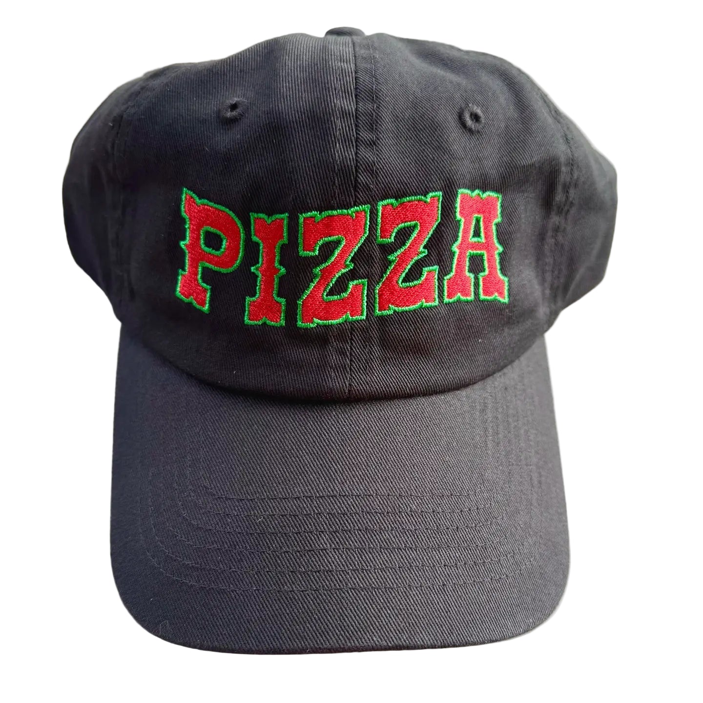 Black cap with 'PIZZA' in red and green on a light gray background
