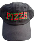 Black cap with 'PIZZA' in red and green on a light gray background