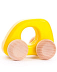 yellow wooden toy with 4 wheels