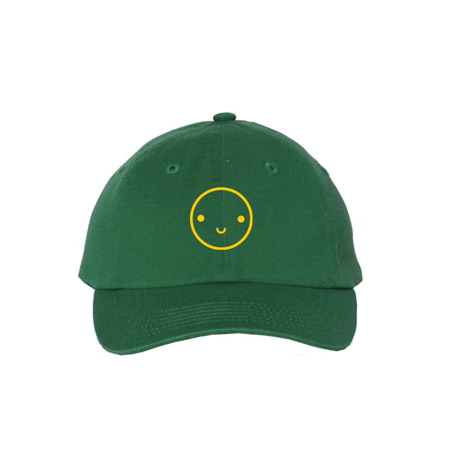 Green baseball hat with yellow embroidered smiley face.
