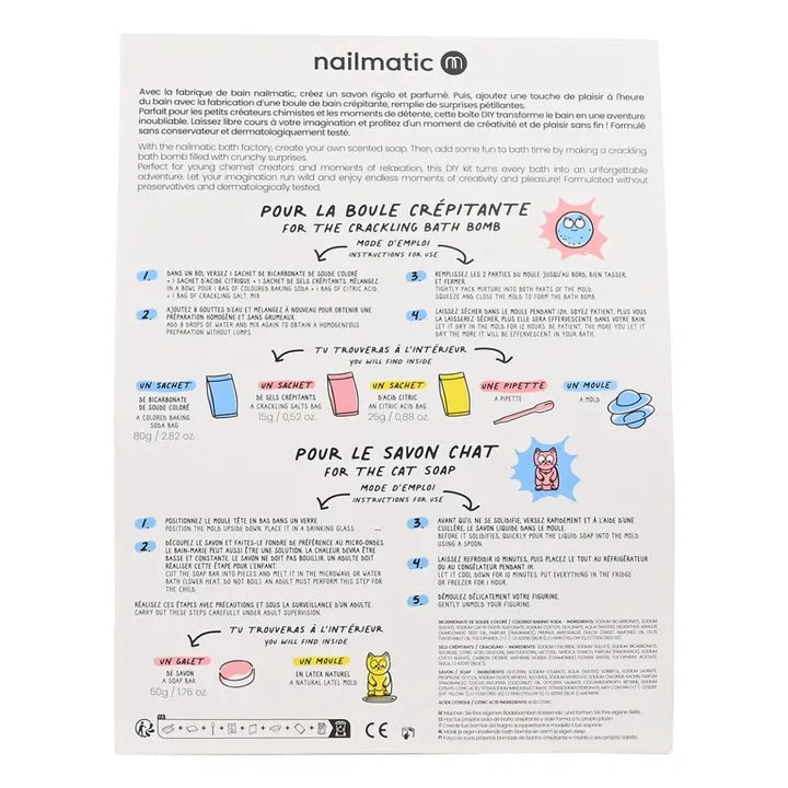 Back of packaging with instructions in both French and English for the crackling bath bomb and the cat soap.
