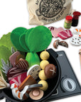 Wood hot pot set including meat vegetables utensils pot and burner with carry bag.