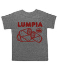 Grey tee screen printed with red ink text LUMPIA above three smiling lumpia and dipping sauce.