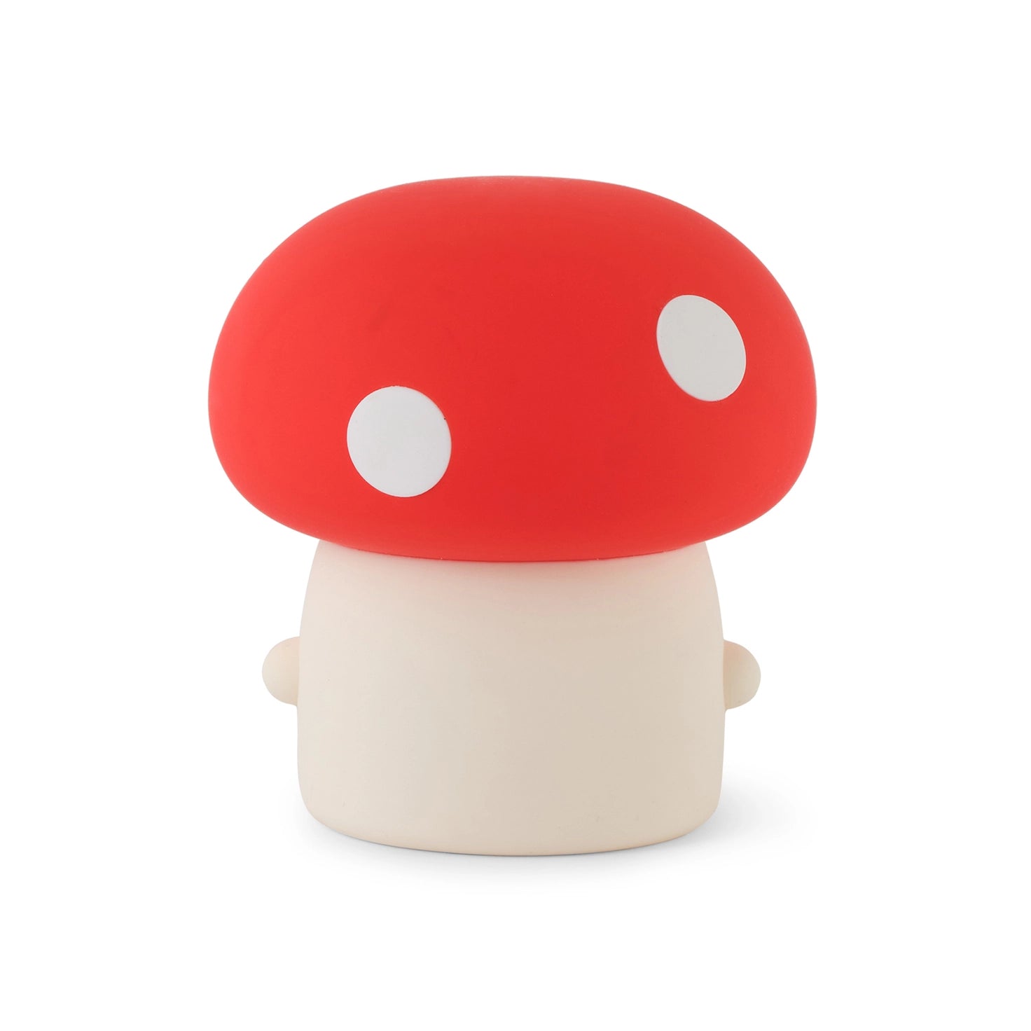 Back of Mushroom shaped night light with cute face and red cap and white spots.