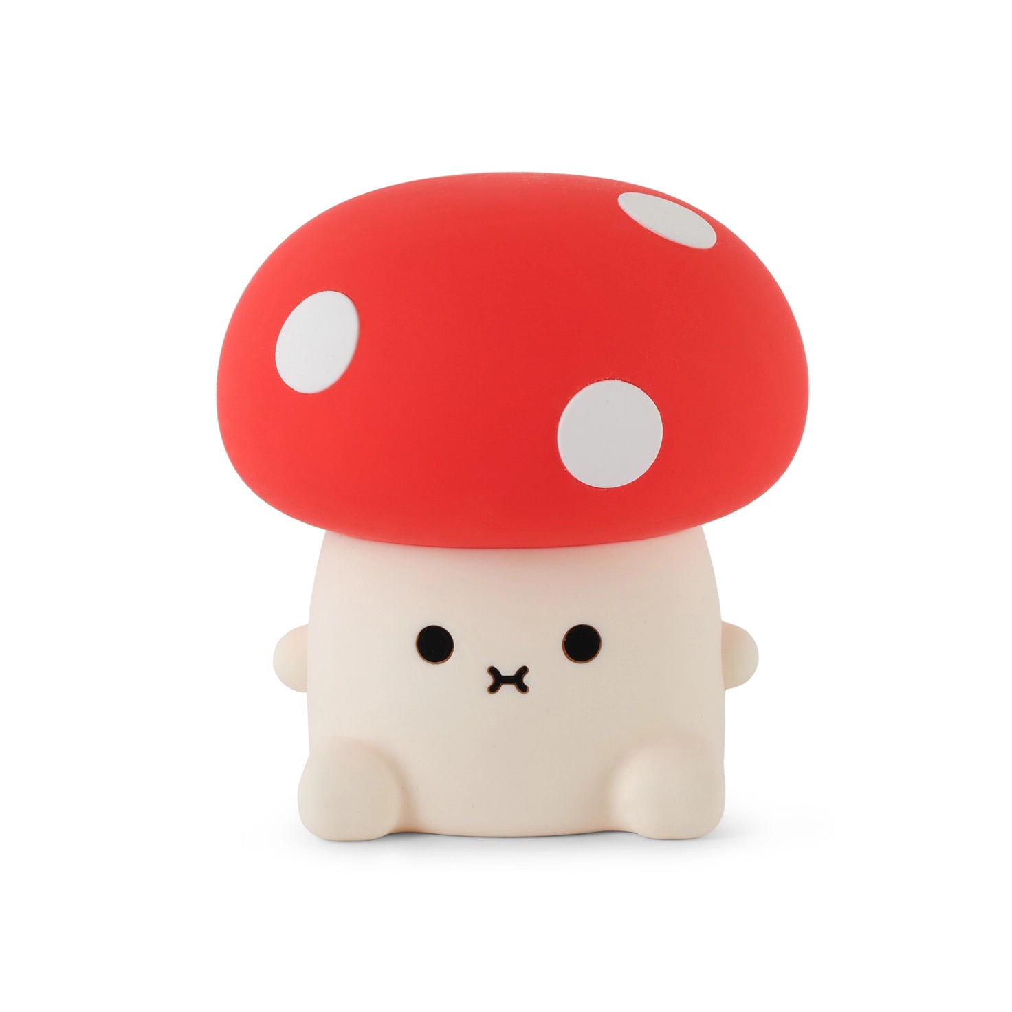 Mushroom shaped night light with cute face and red cap and white spots.