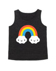 Black tank top with a 3 color rainbow ending in two clouds with smiling faces.