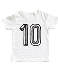 White tee with black screen print of a number 10.