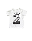 White tee with black screen print of a number 2.