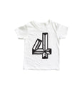 White tee with black screen print of a number 4.