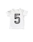 White tee with black screen print of a number 5.