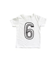 White tee with black screen print of a number 6.