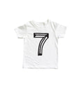 White tee with black screen print of a number 7.