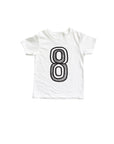 White tee with black screen print of a number 8.